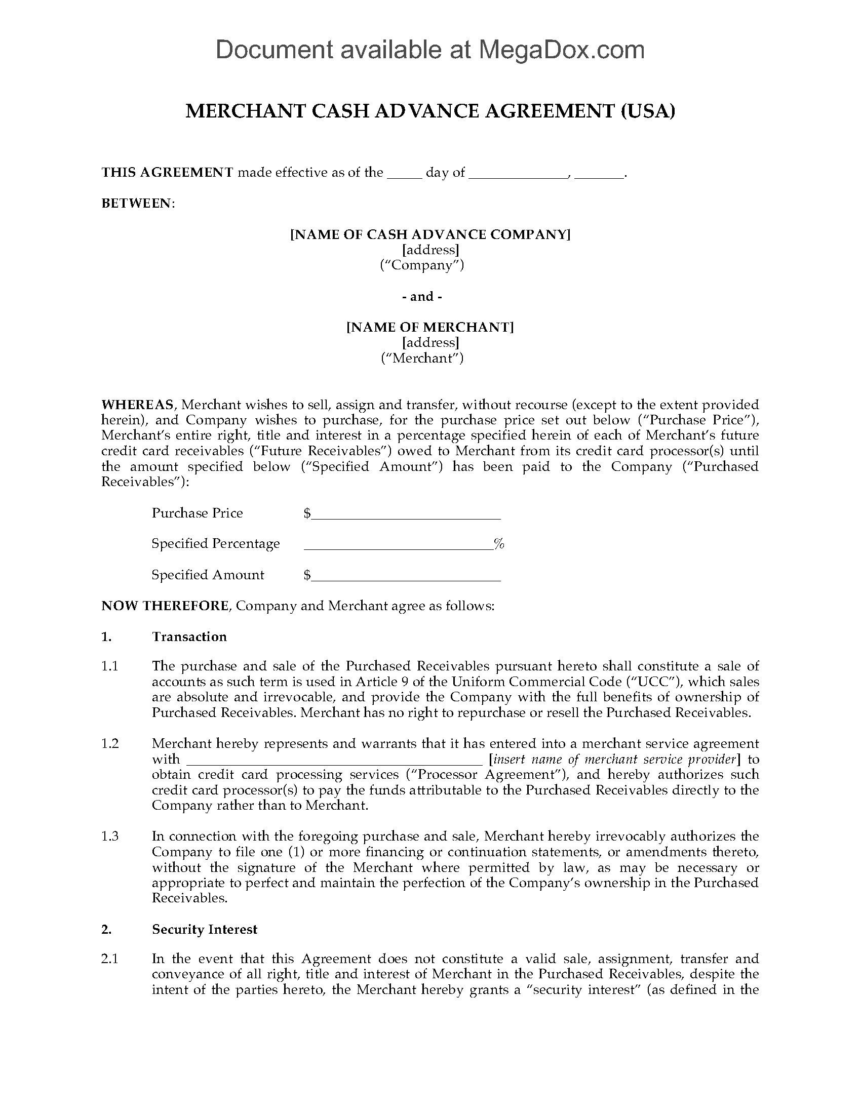 Merchant Cash Advance Agreement Template
