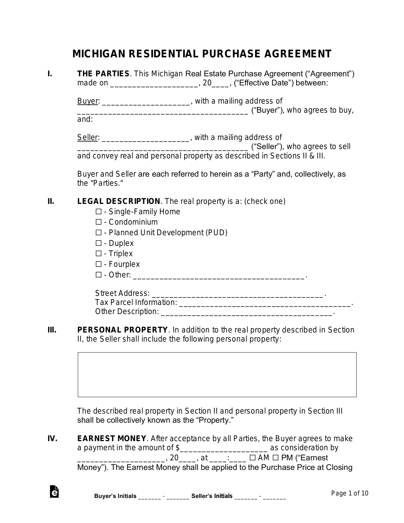 Michigan Real Estate Purchase Agreement Template