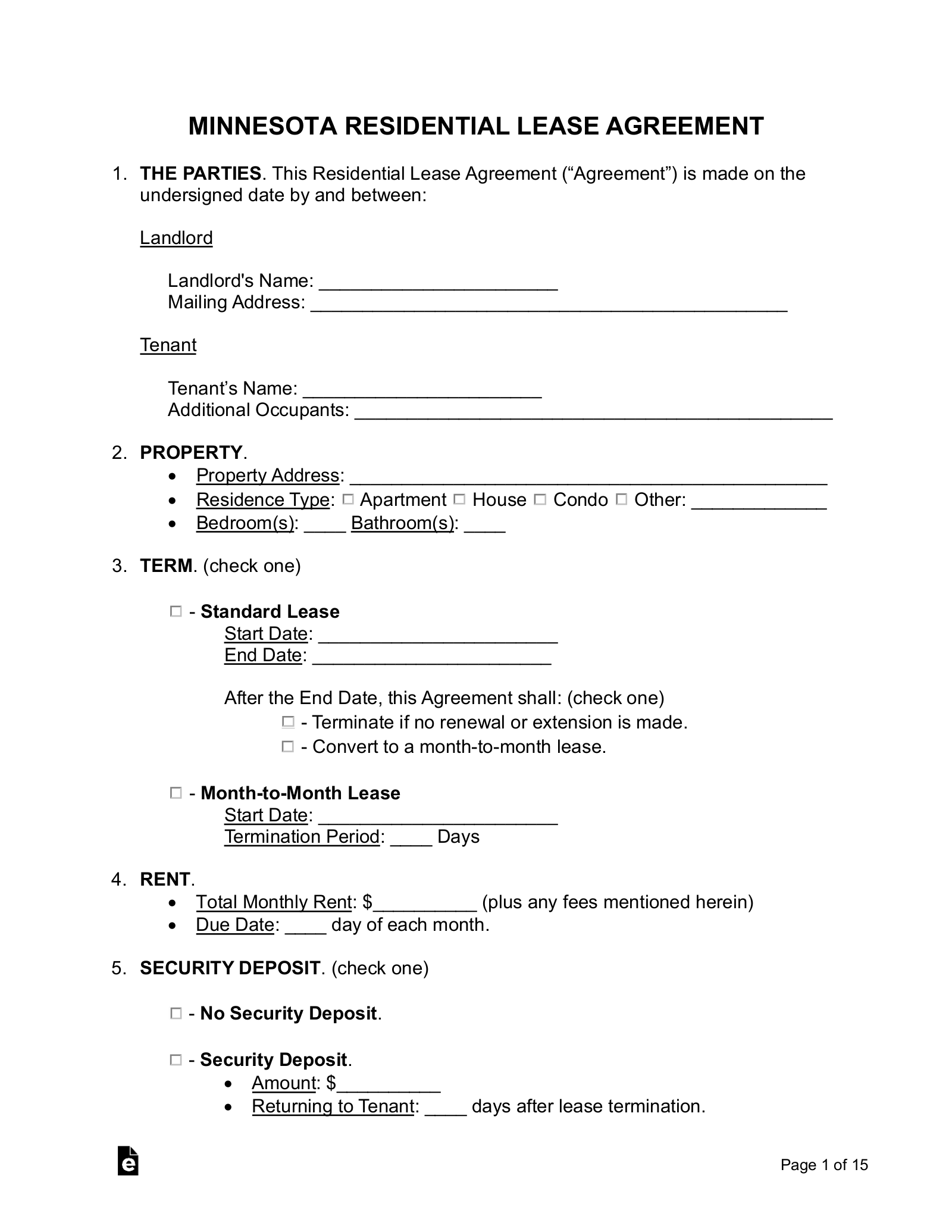 Minnesota Residential Lease Agreement Template