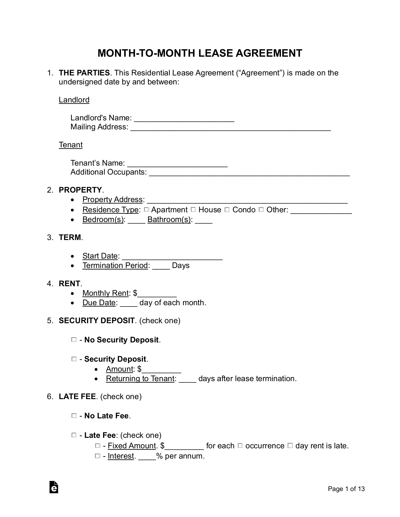 Month To Month Agreement Template