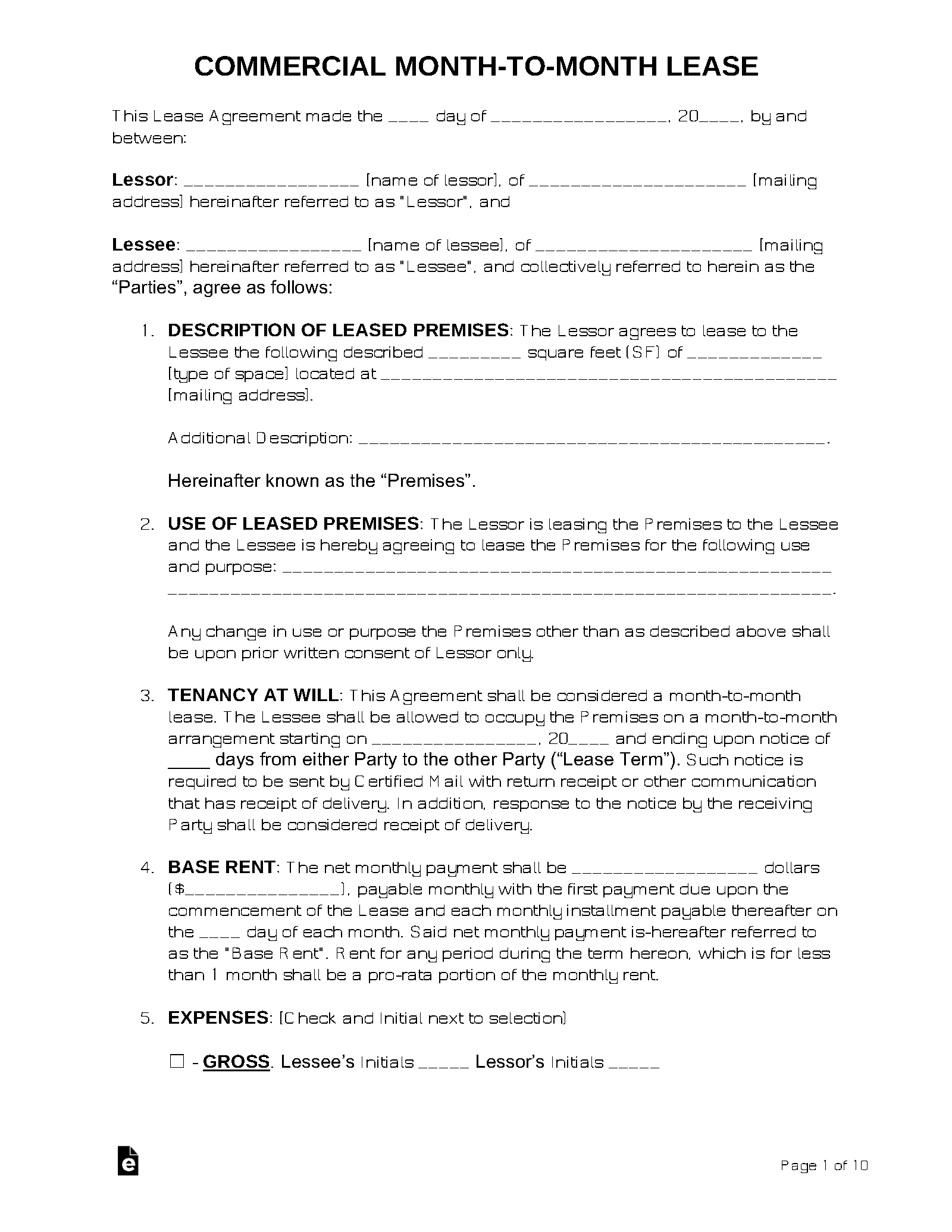 Month to Month Commercial Lease Agreement Template