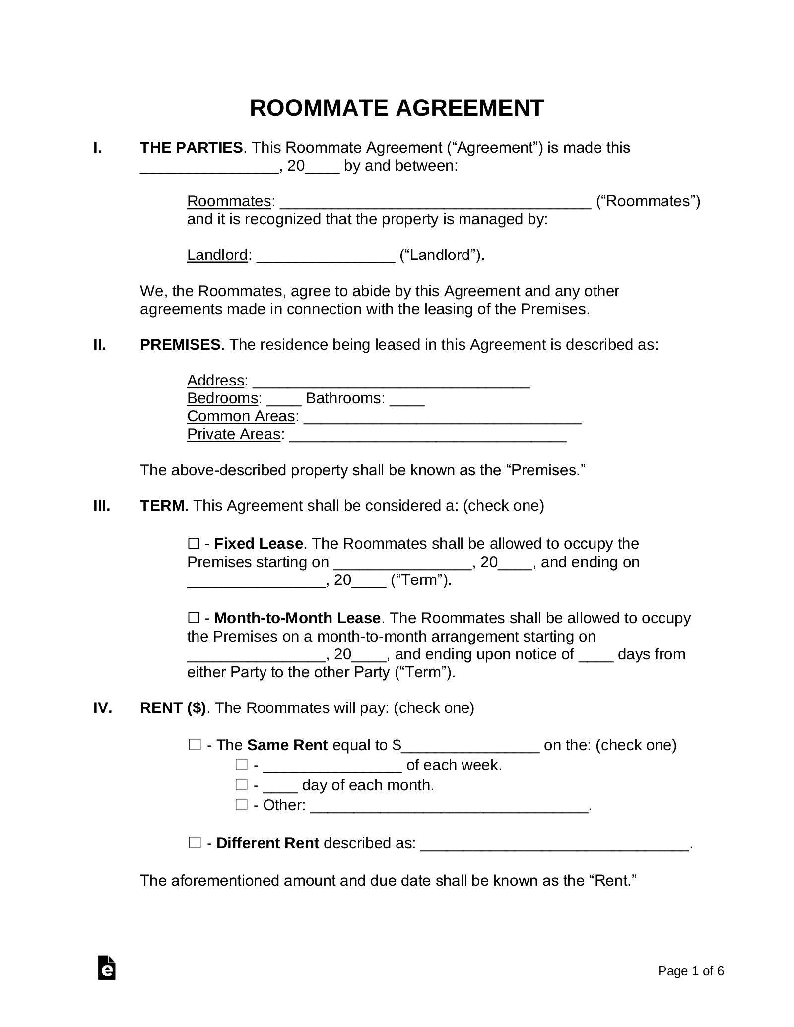 Month To Month Roommate Agreement Template