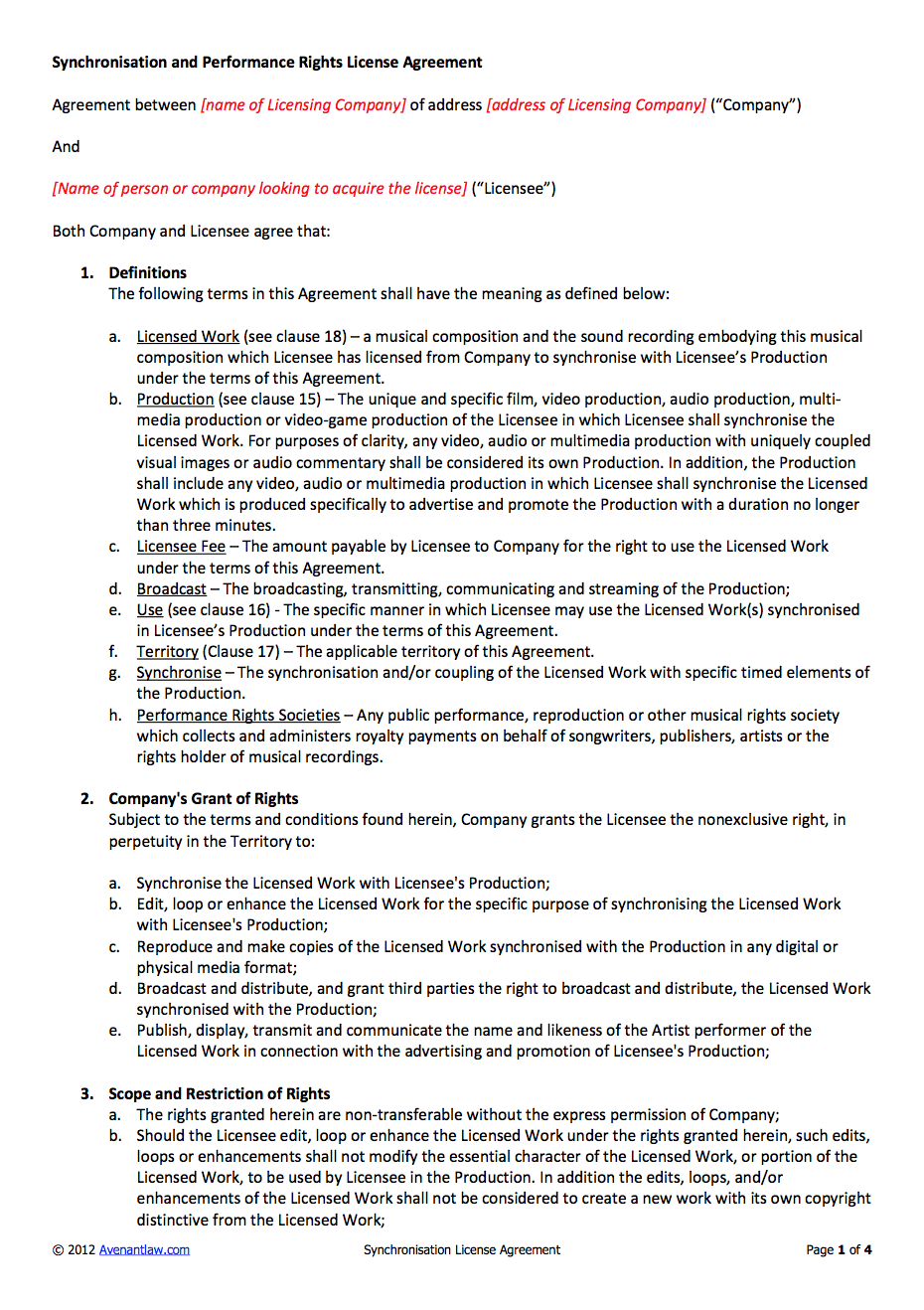 Music Sync License Agreement Template