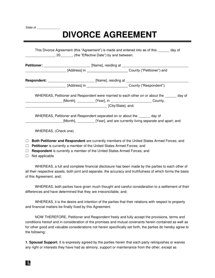Mutual Consent Divorce Agreement Template