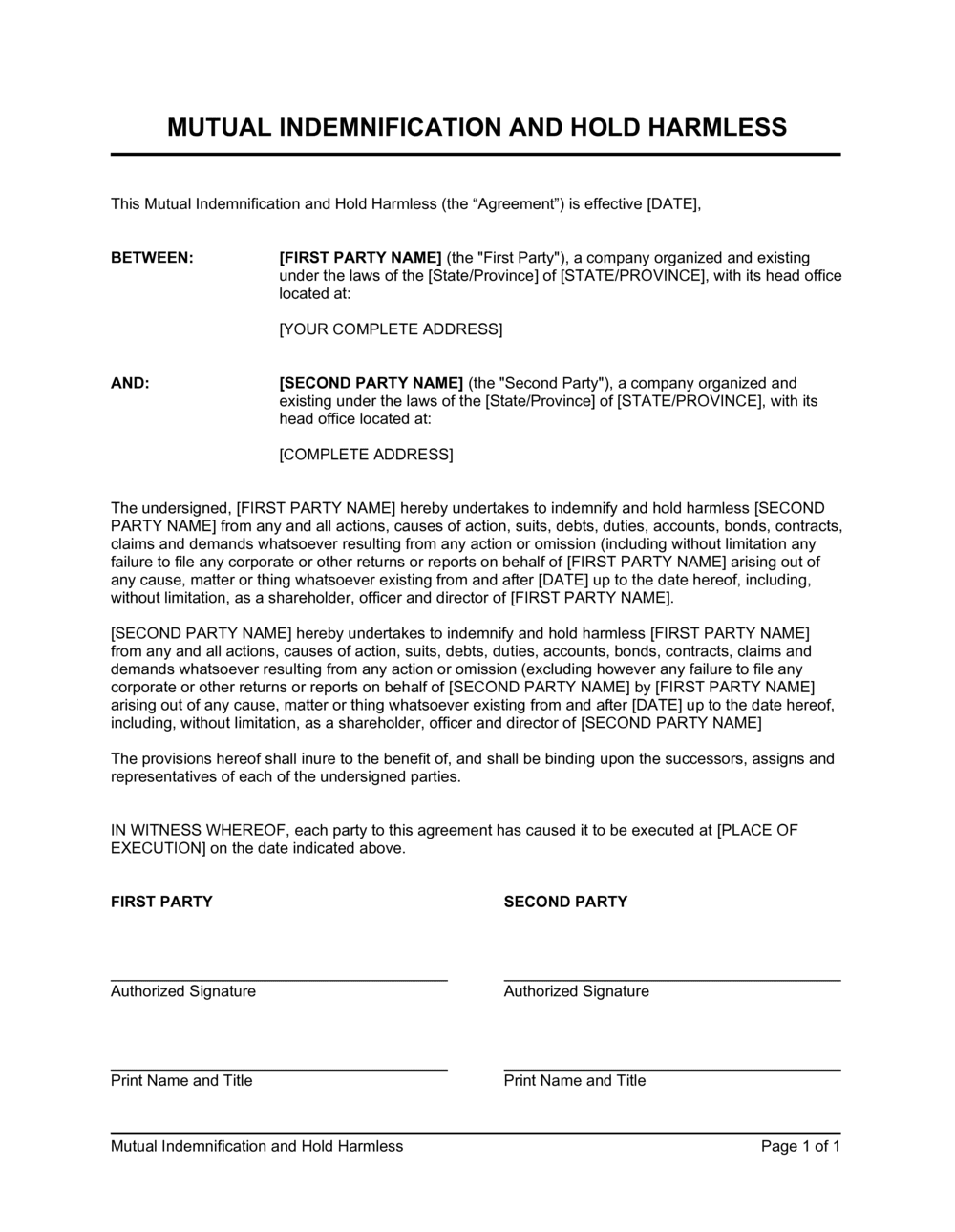 Mutual Hold Harmless Agreement Template