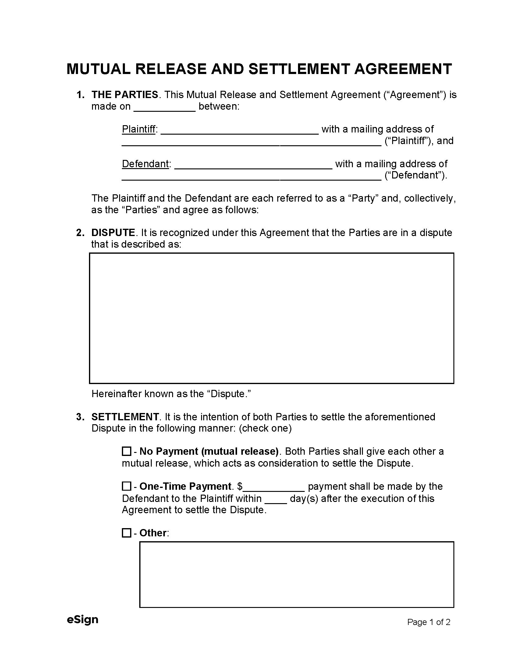 Mutual Release and Settlement Agreement Template