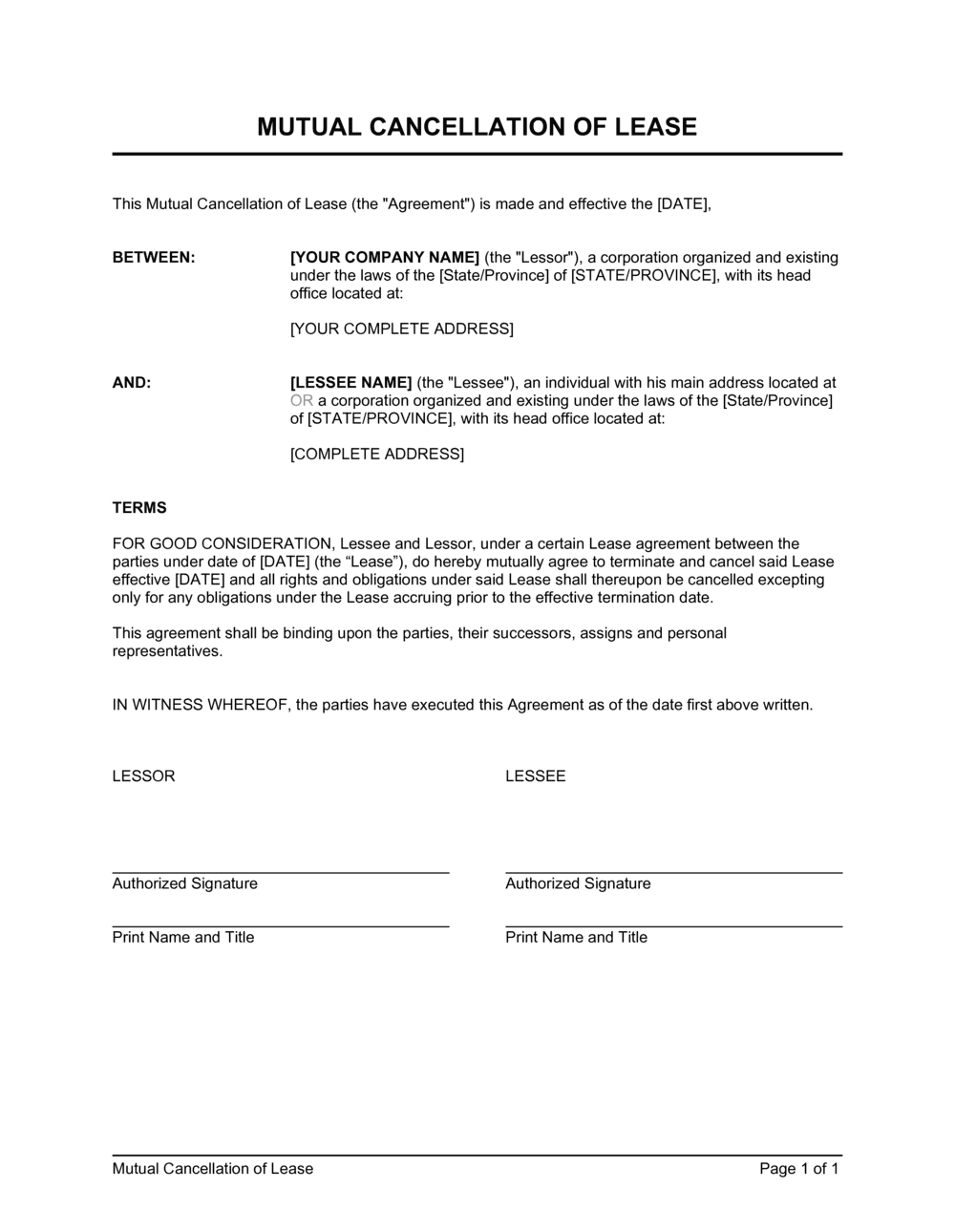 Mutual Termination Of Lease Agreement Template