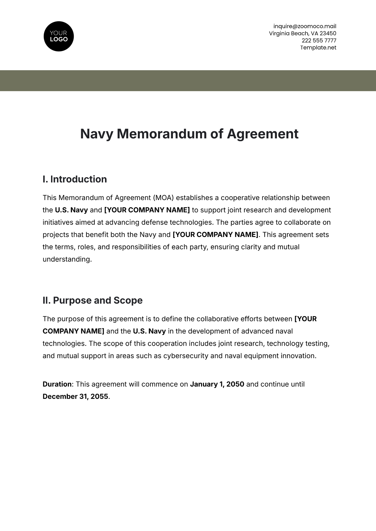 Navy Memorandum Of Agreement Template