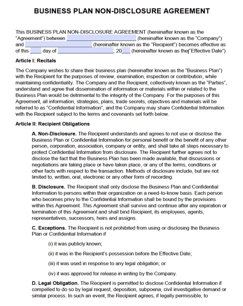 Non Disclosure Agreement Template Business Plan