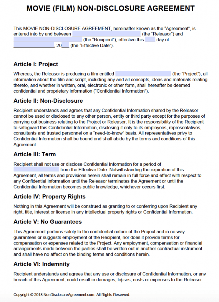 Non Disclosure Agreement Template Film Script