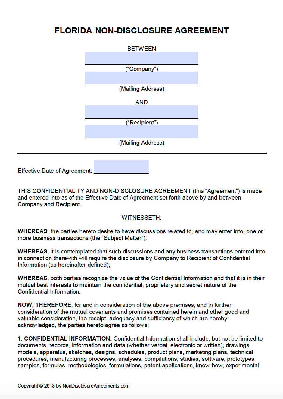 Non Disclosure Agreement Template Florida
