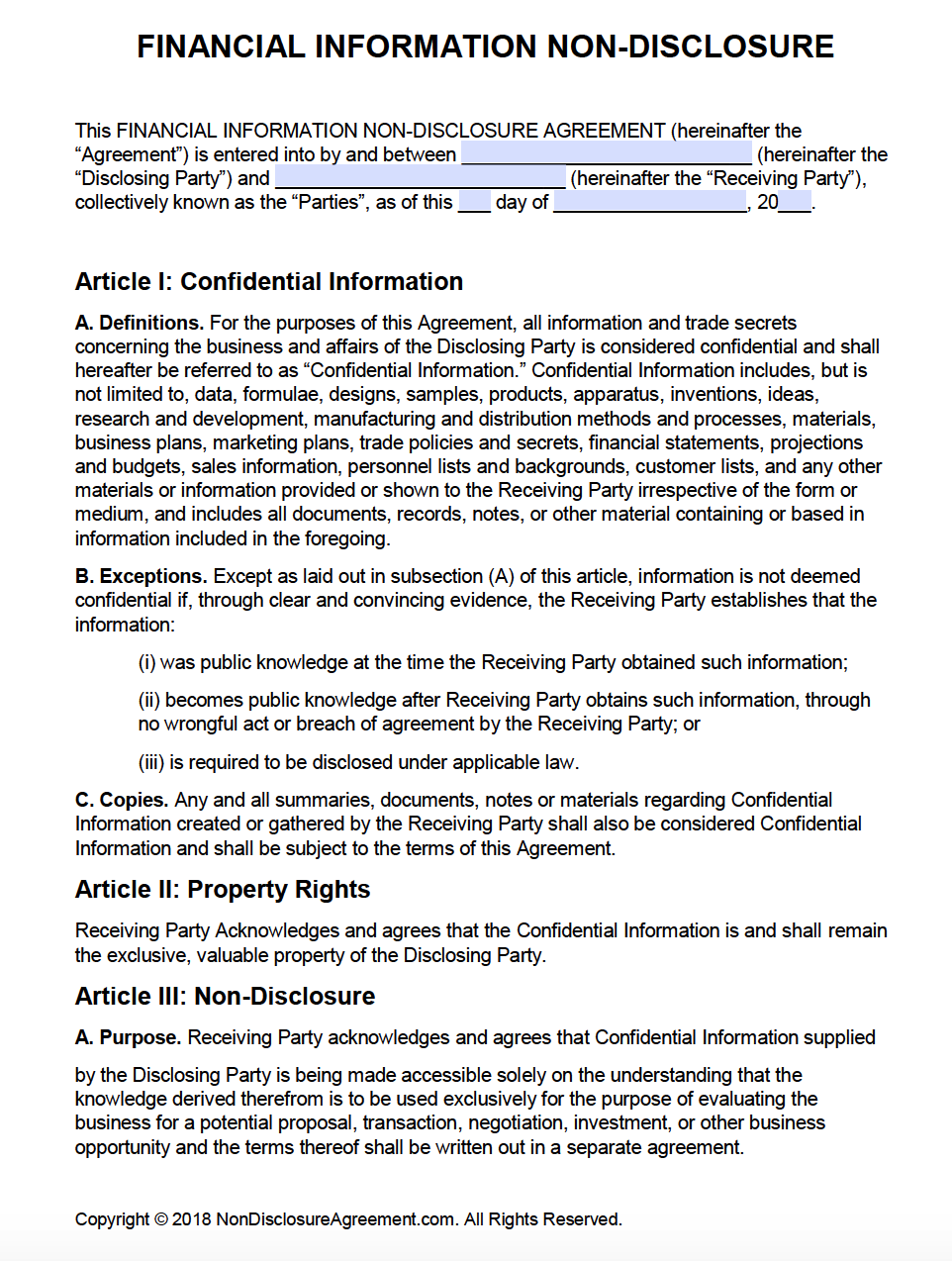 Non Disclosure Agreement Template For Financial Information