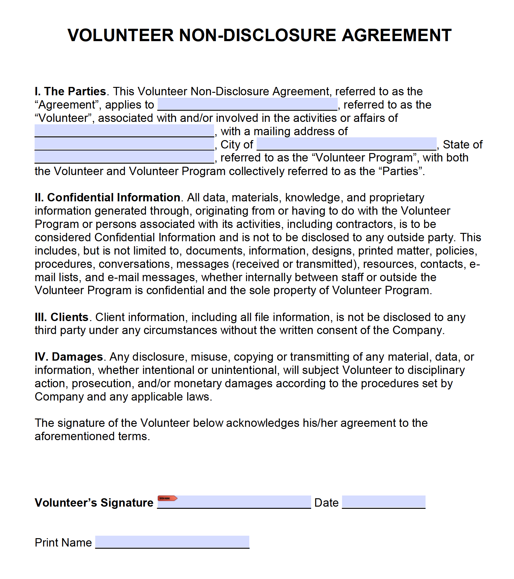 Non Disclosure Agreement Template for Nonprofit Organizations