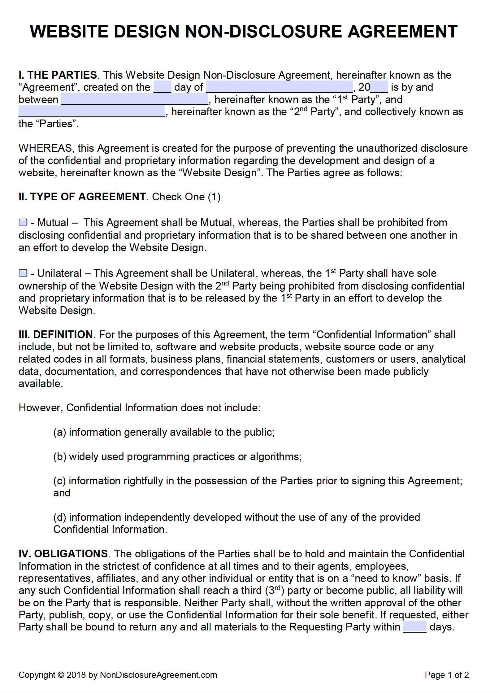 Non Disclosure Agreement Template for Website Development
