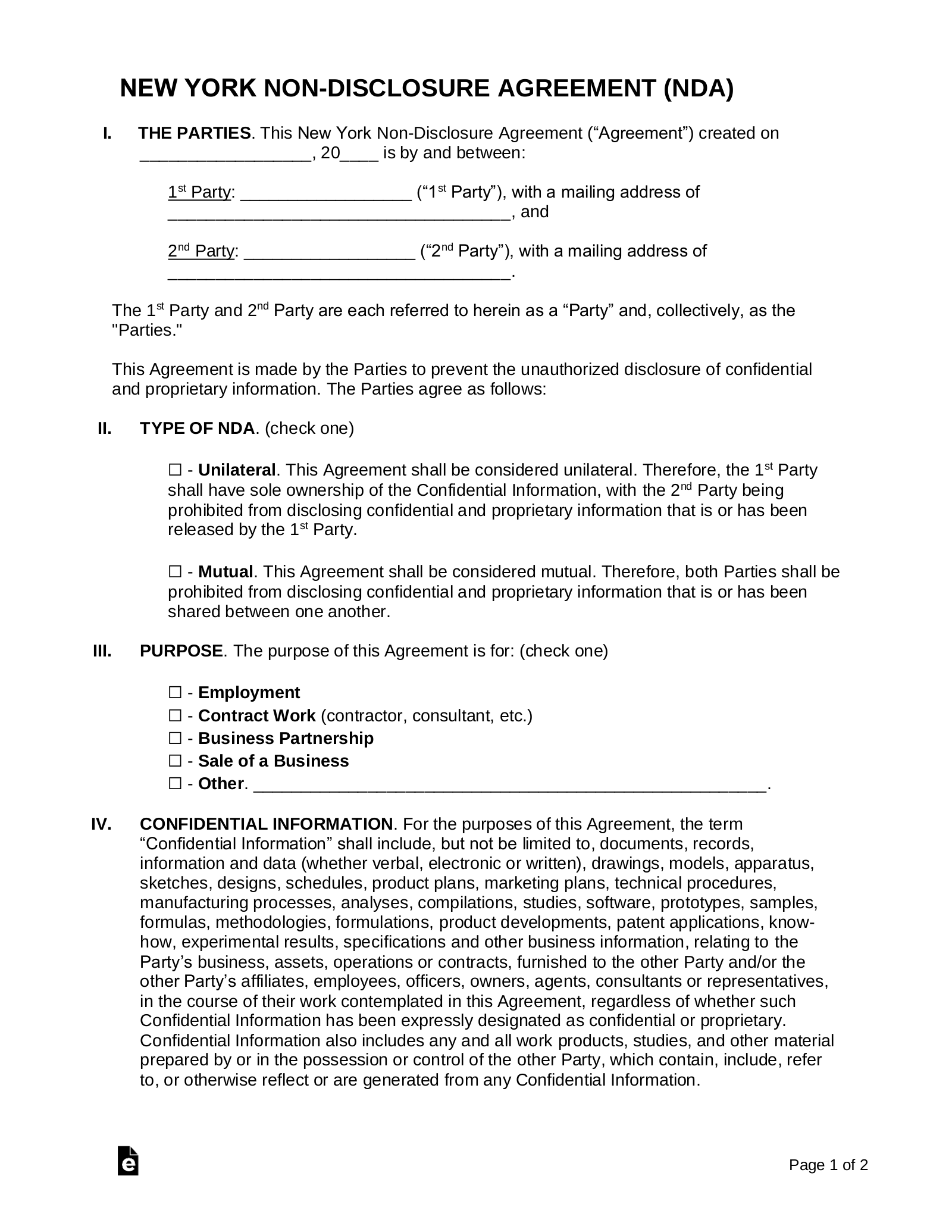 Non Disclosure Agreement Template New York