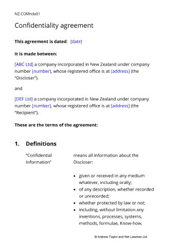 Non Disclosure Agreement Template Nz
