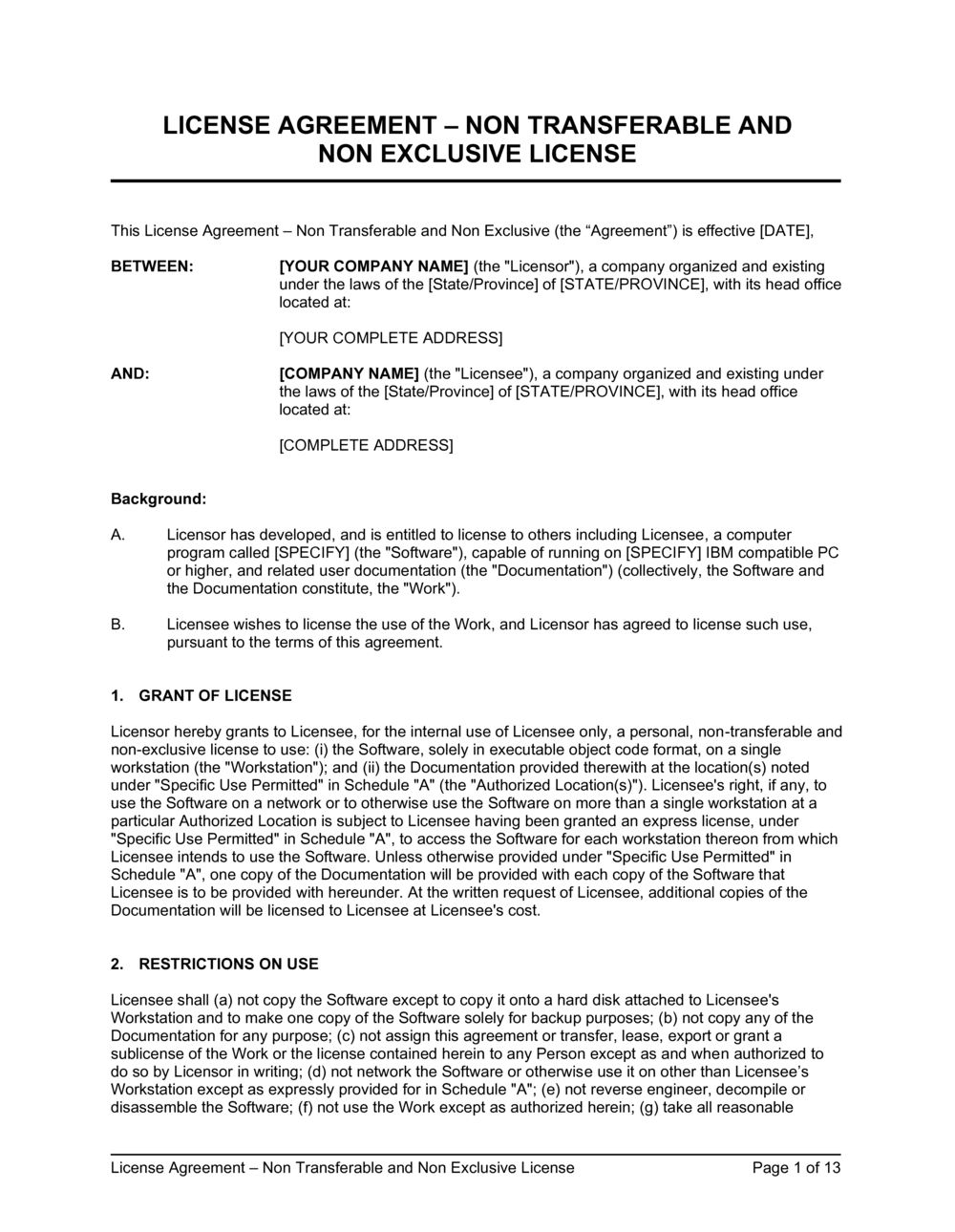Non Exclusive License Agreement Template