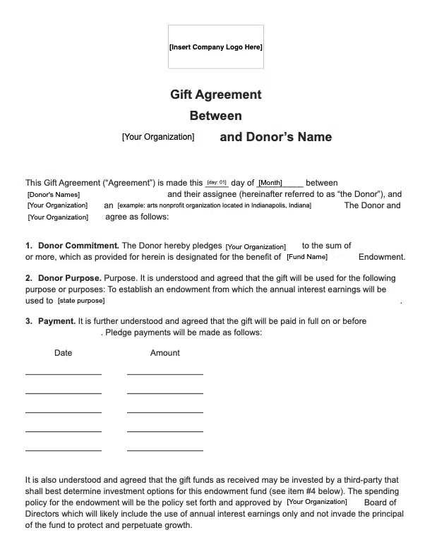 Non Profit Donation Agreement Template