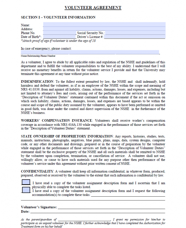 Non Profit Volunteer Agreement Template