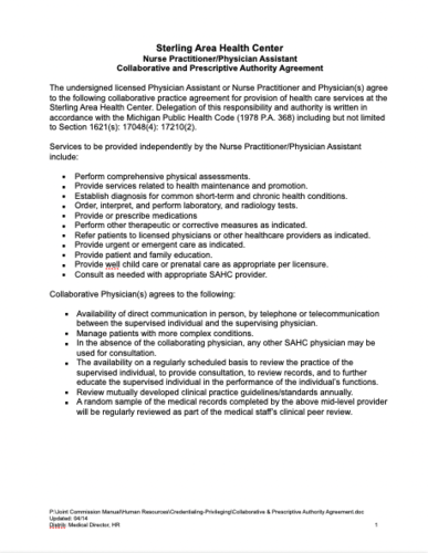 Nurse Practitioner Collaborative Agreement Template Michigan