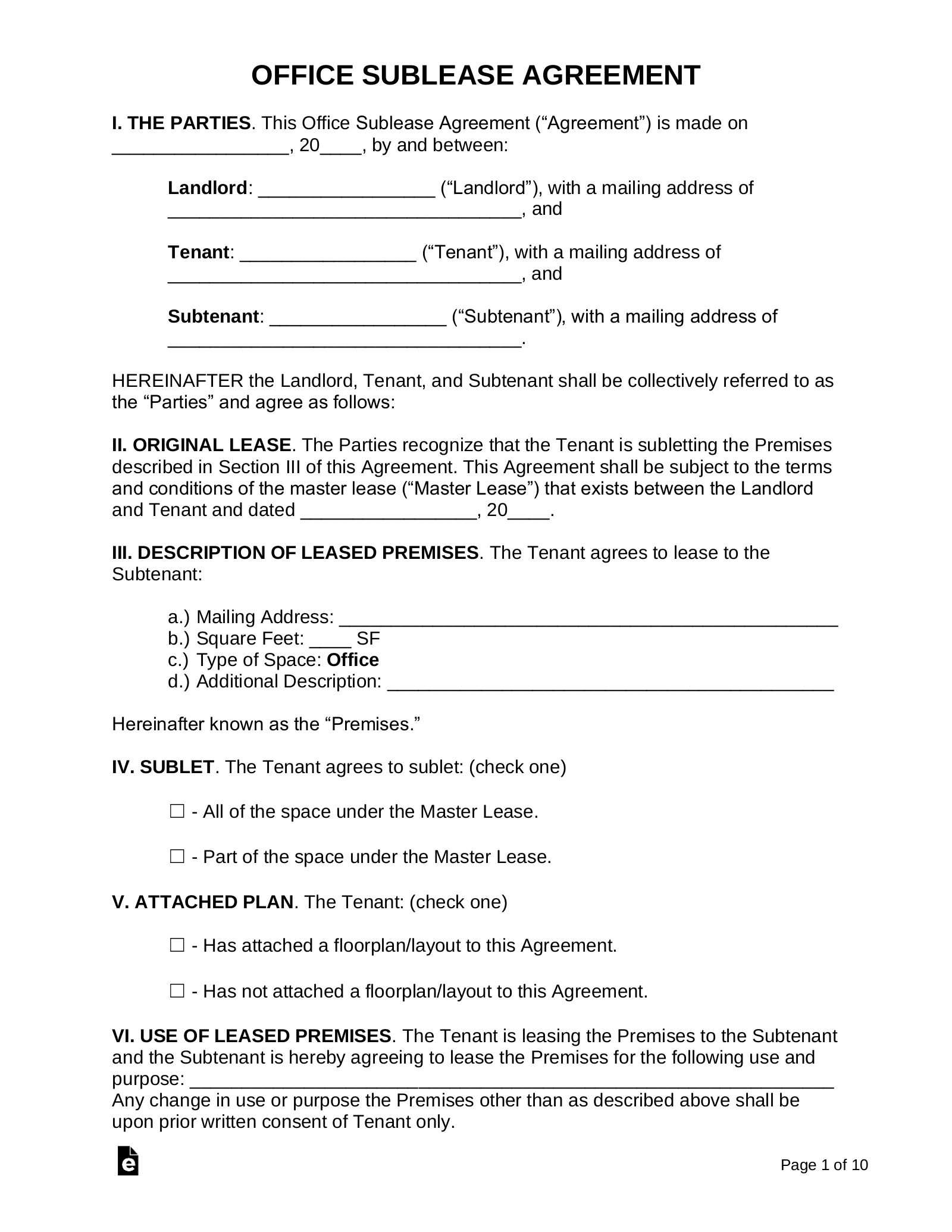 Office Space Sublease Agreement Template