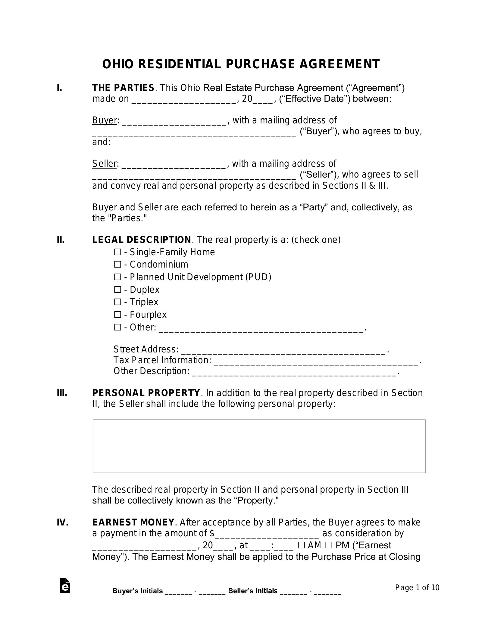 Ohio Home Purchase Agreement Template