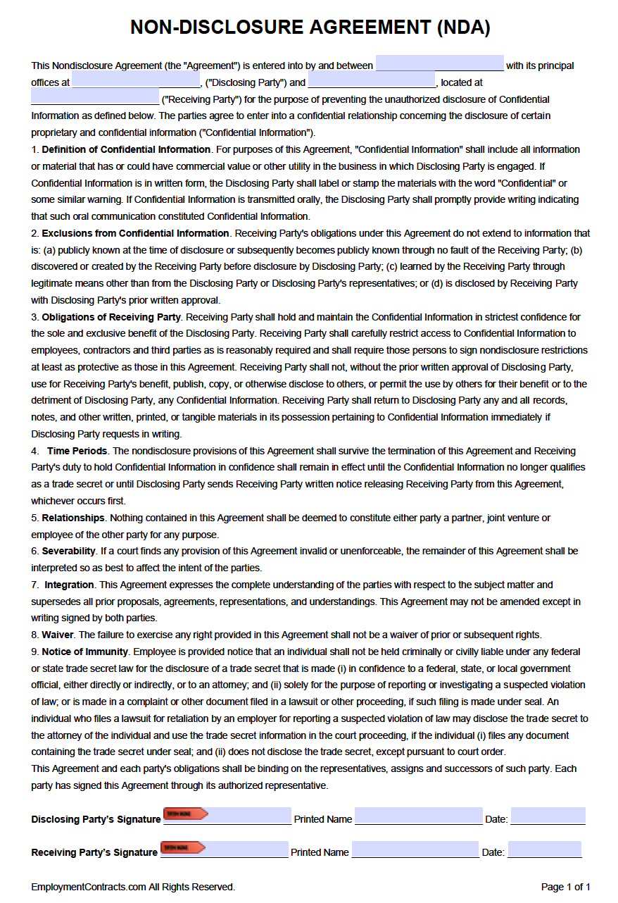 One Page Confidentiality Agreement Template