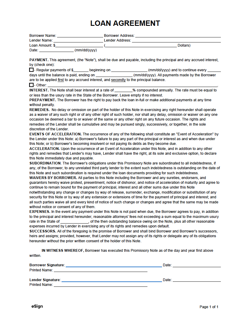 One Page Loan Agreement Template