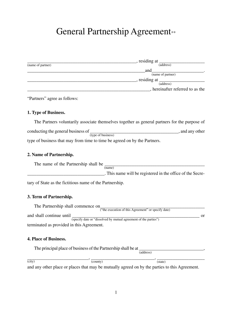 One Page Partnership Agreement Template