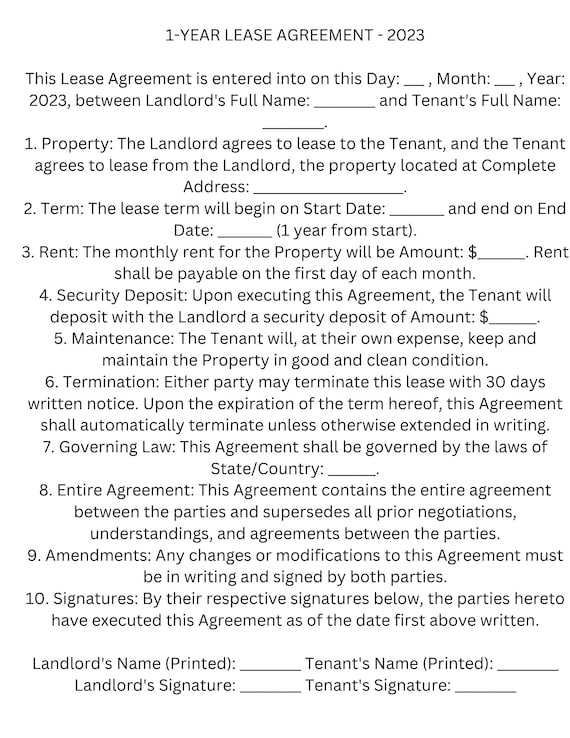 One Year Rental Agreement Template