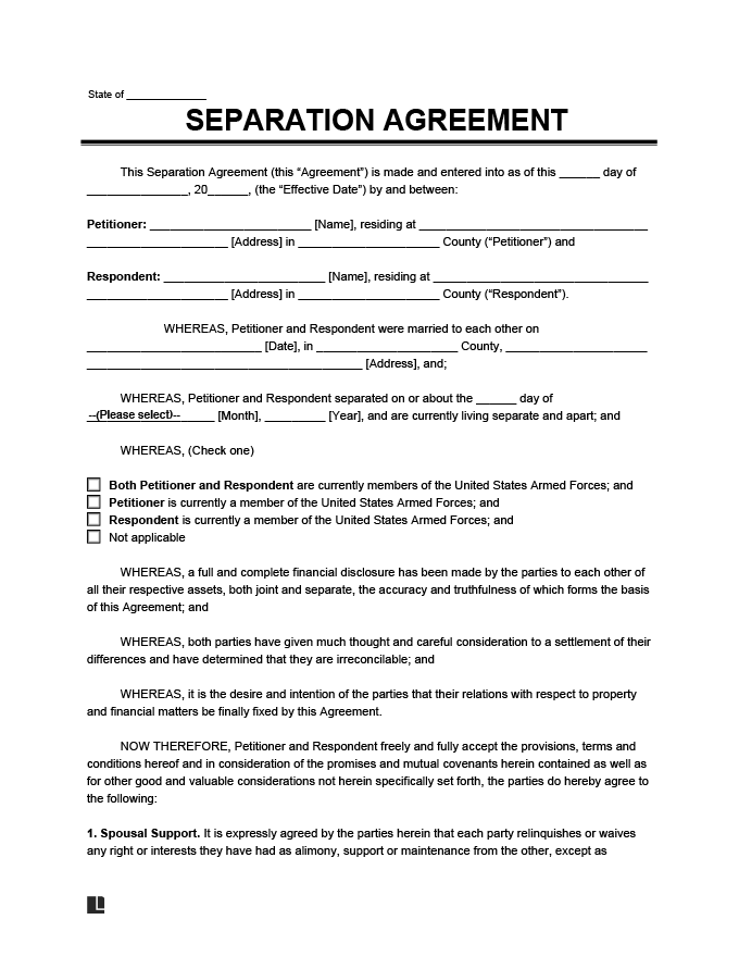 Ontario Legal Separation Agreement Template