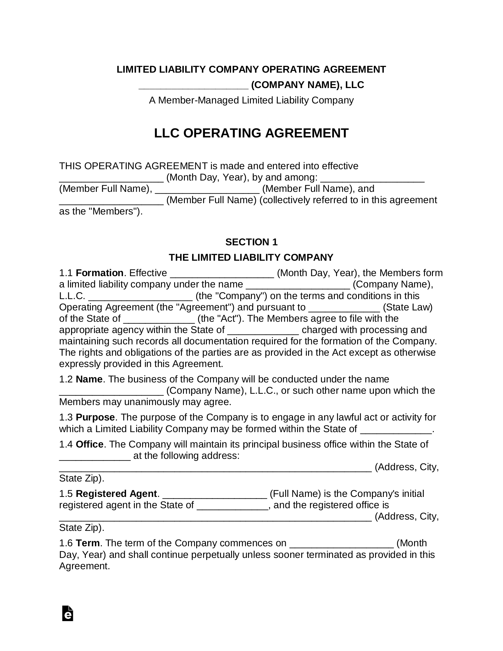 Operating Agreement Template for Multi Member LLC