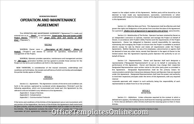 Operation and Maintenance Agreement Template