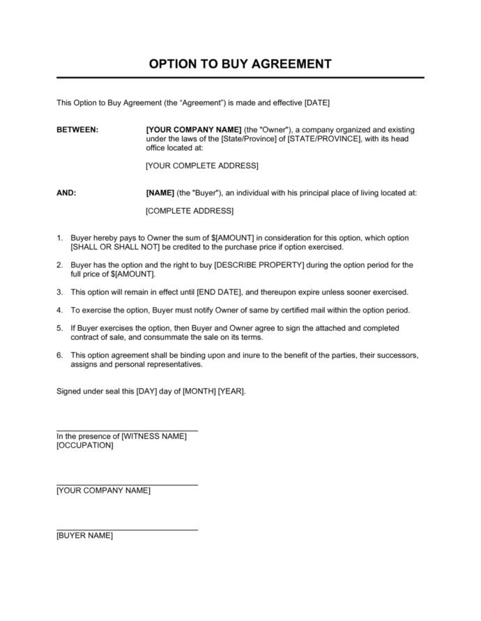 Option To Buy Agreement Template