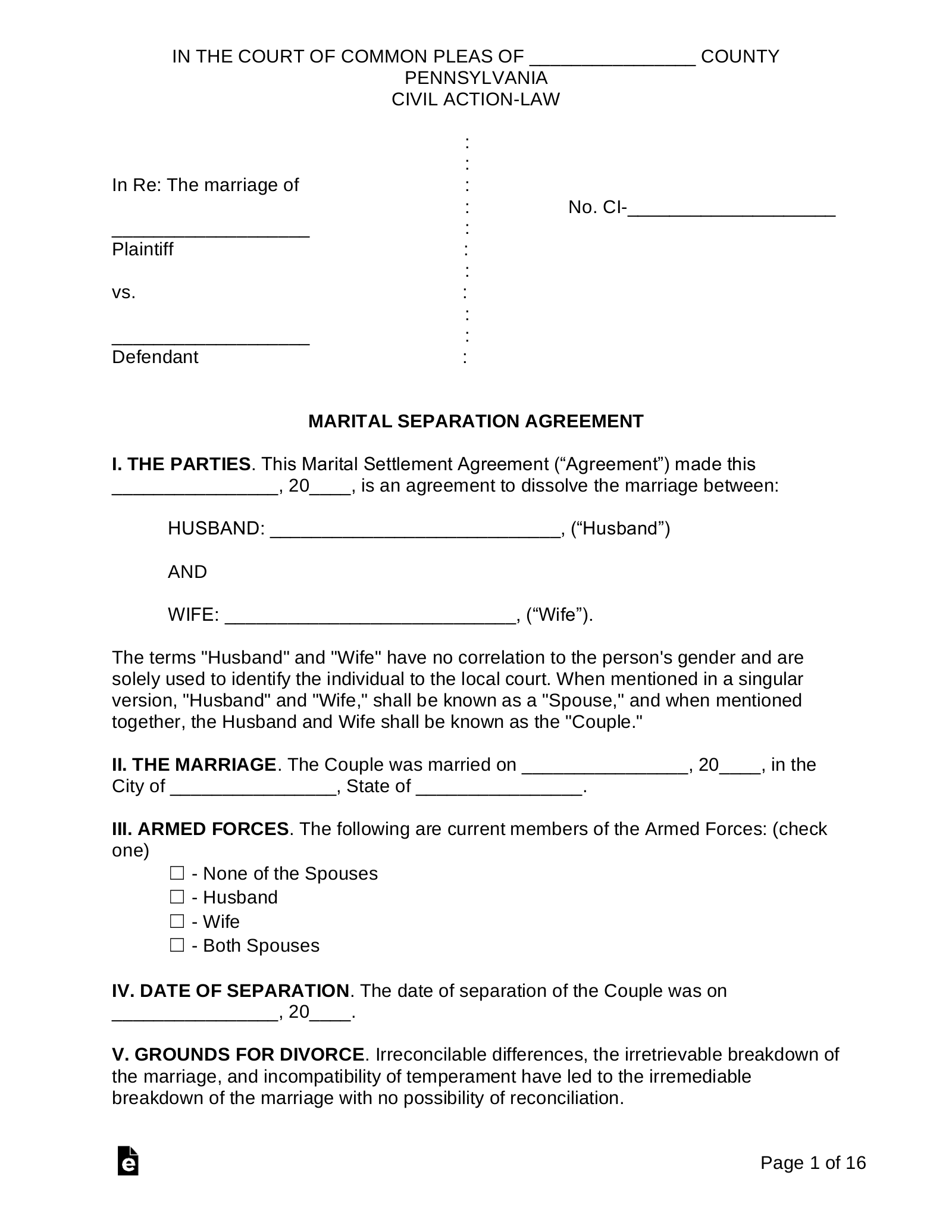 PA Divorce Settlement Agreement Template