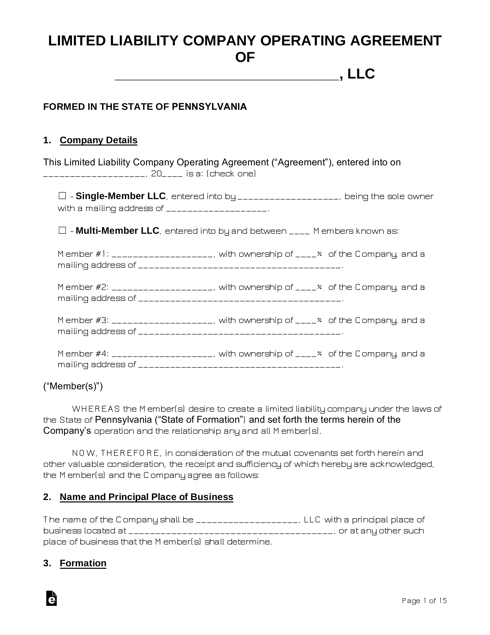 PA LLC Operating Agreement Template