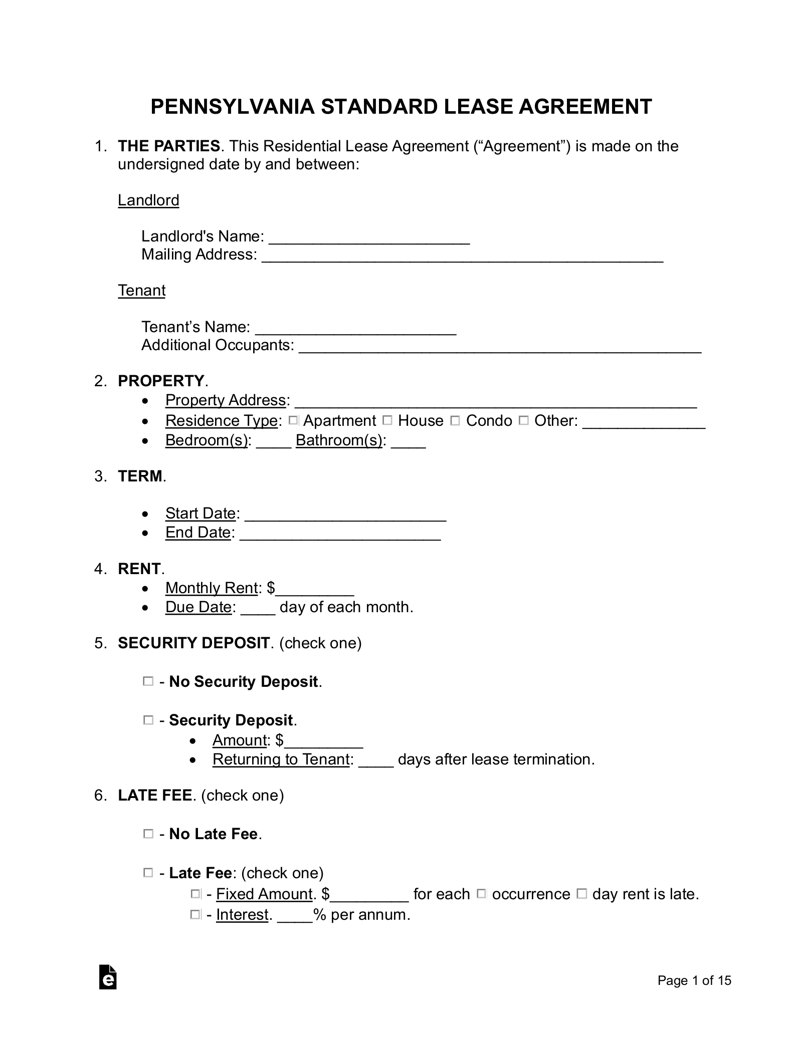 PA Residential Lease Agreement Template