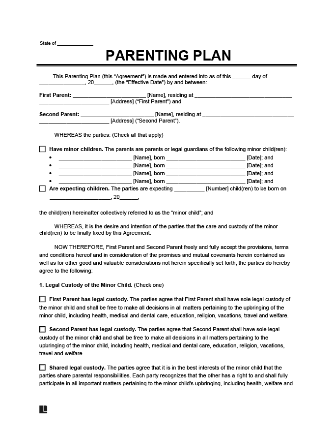 Parenting Plan Co Parenting Agreement Template
