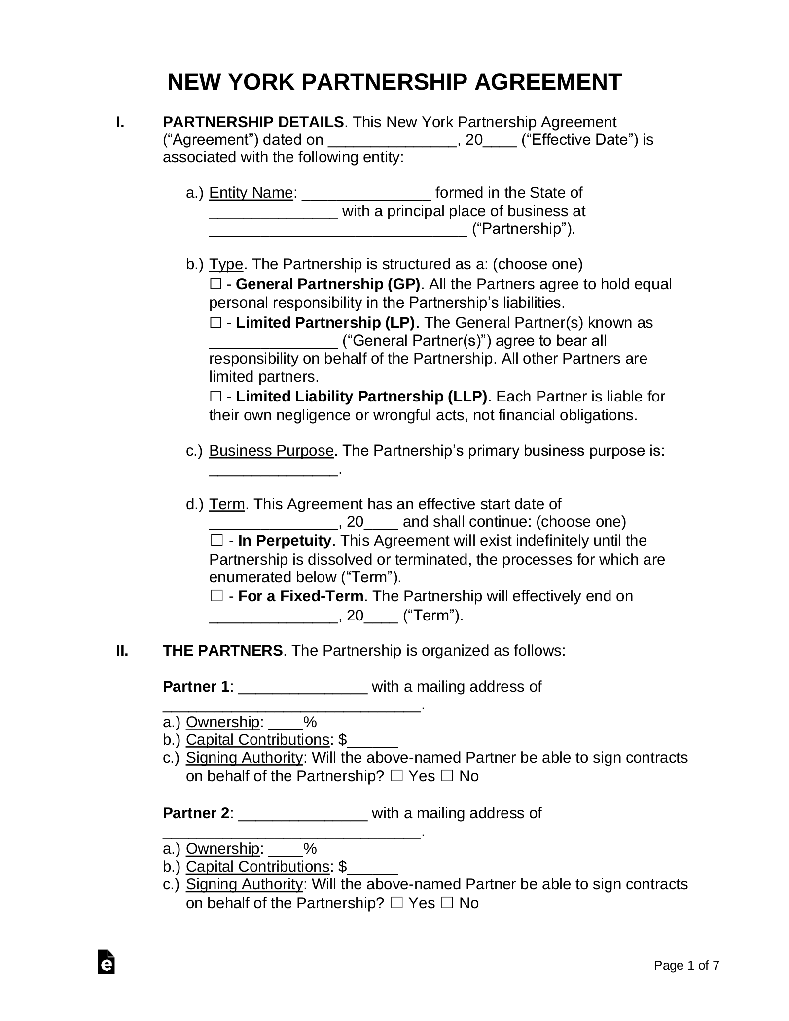 Partnership Agreement Template New York