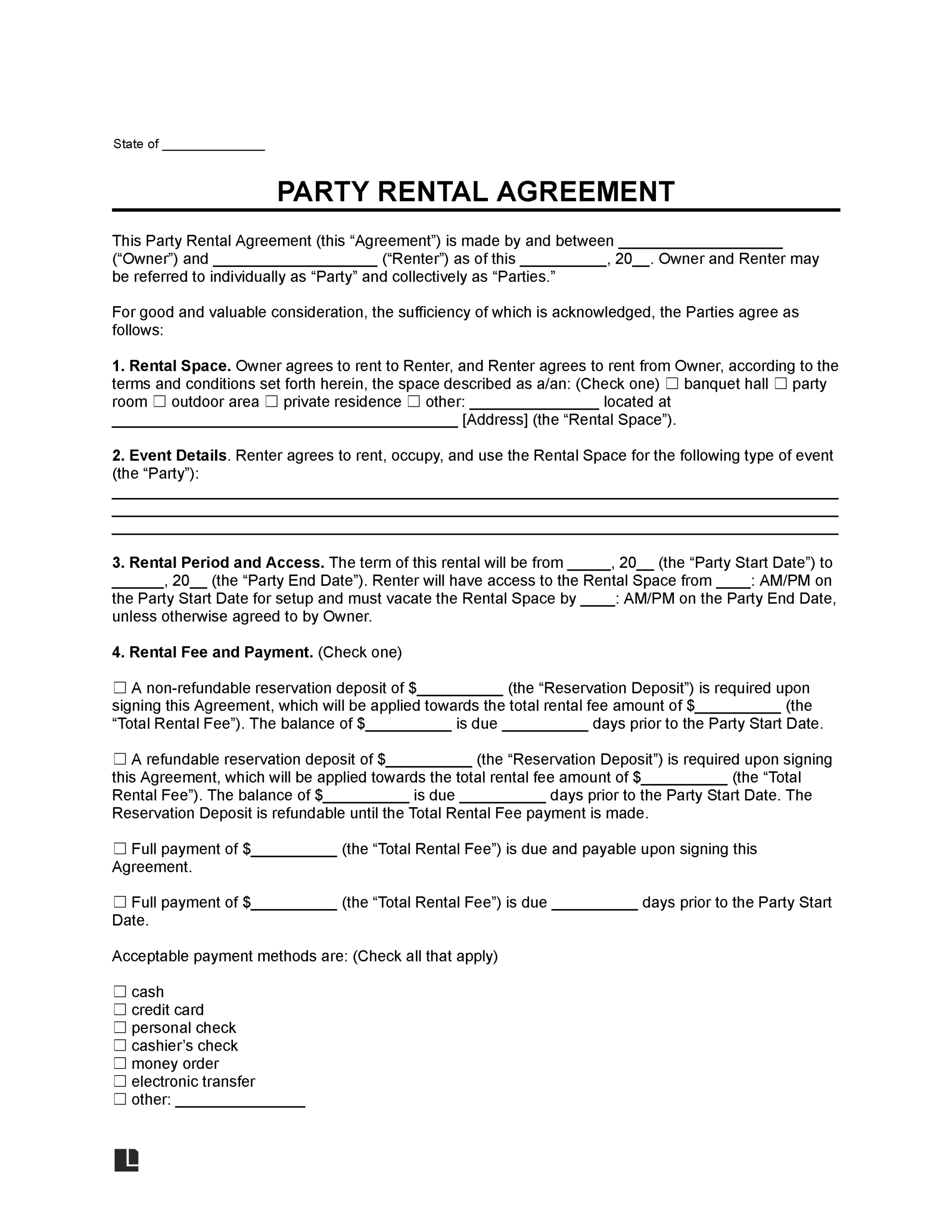 Party Equipment Rental Agreement Template
