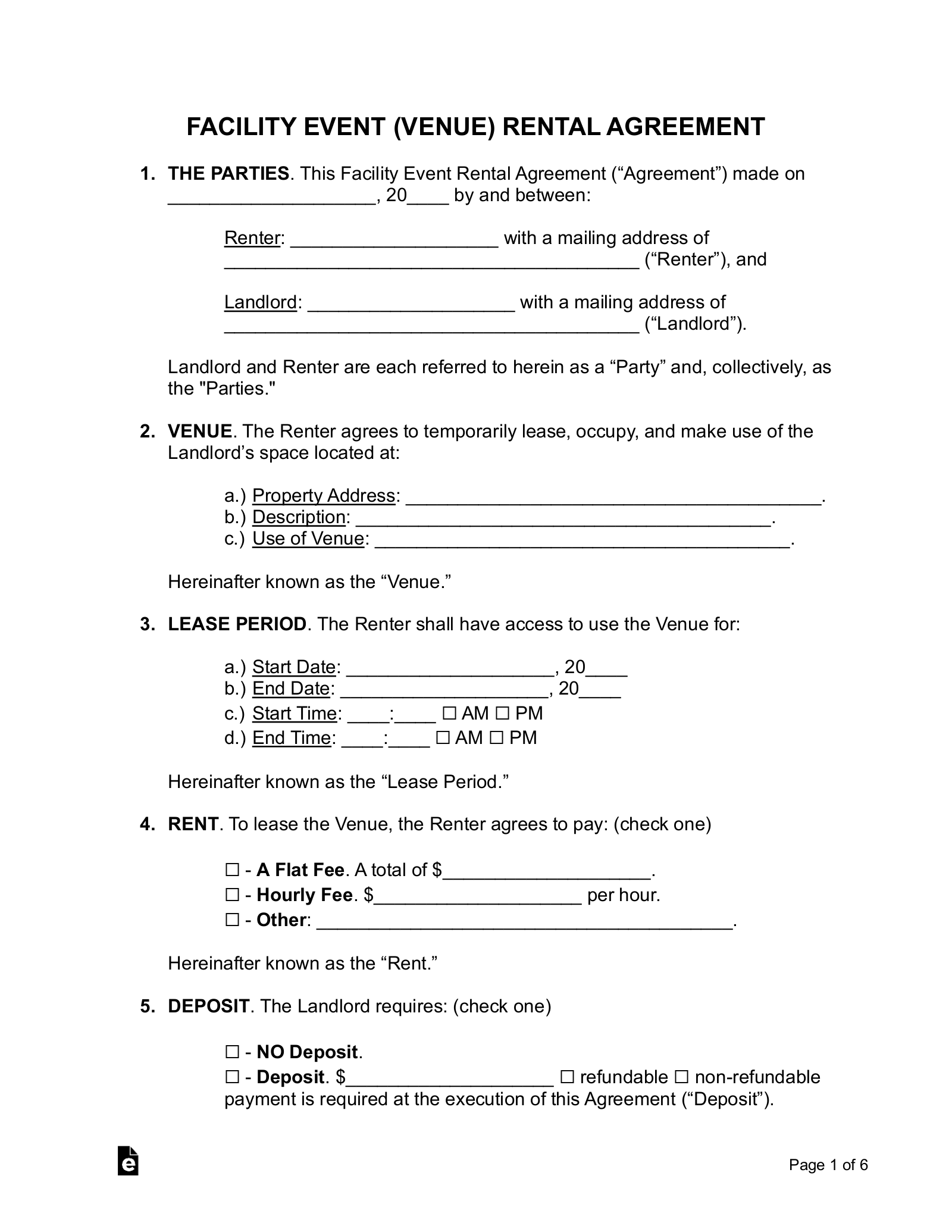 Party Room Rental Agreement Template