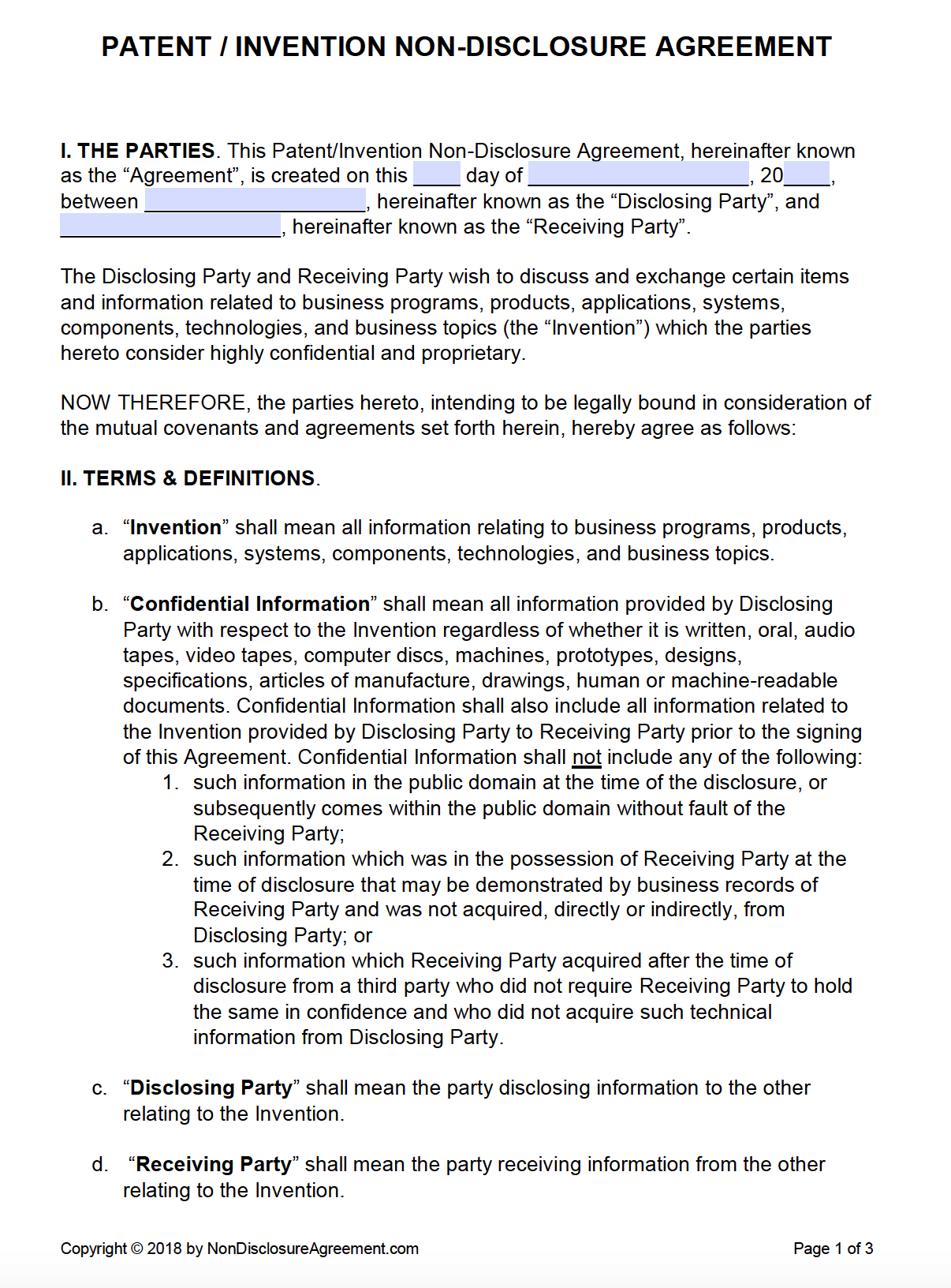 Patent Non Disclosure Agreement Template