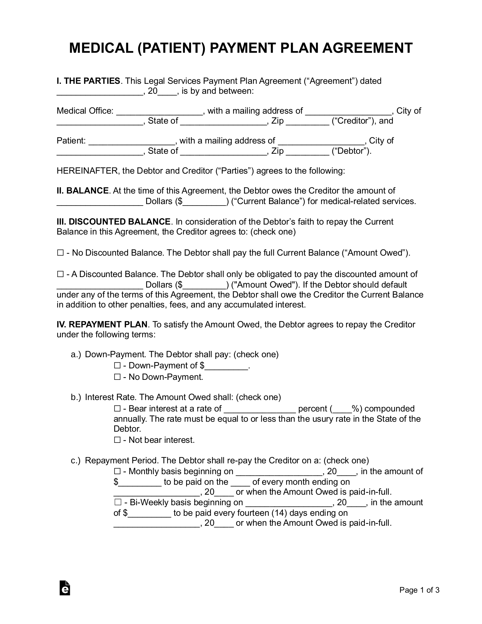 Payment Plan Agreement Template for Medical Office