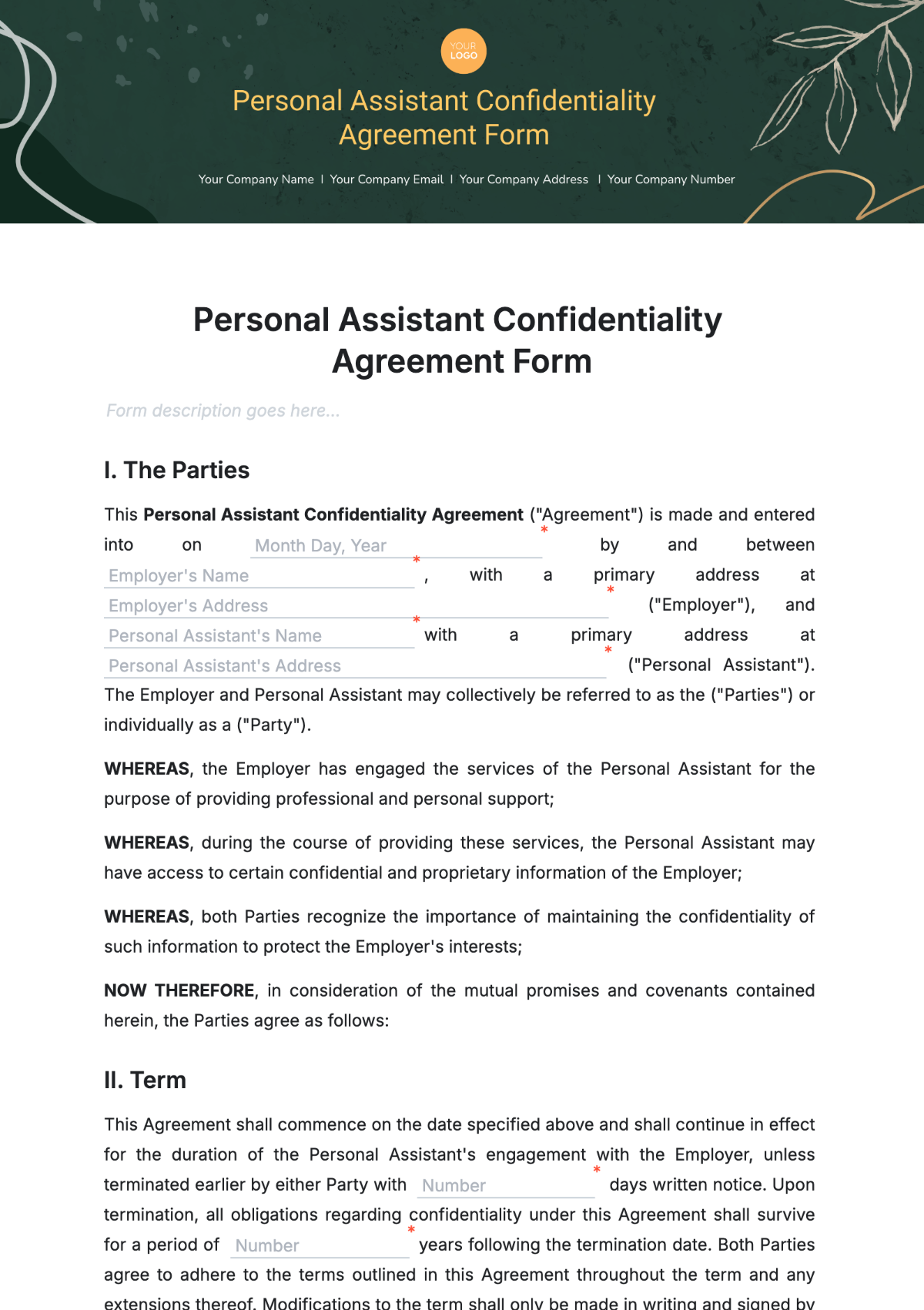 Personal Assistant Confidentiality Agreement Template
