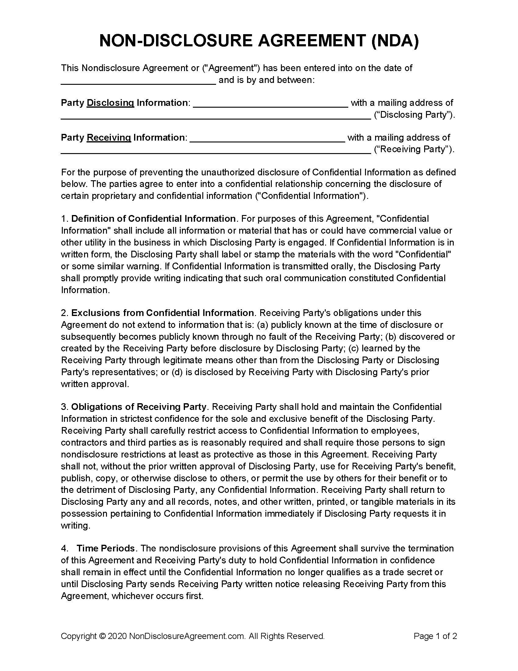 Personal Non Disclosure Agreement Template