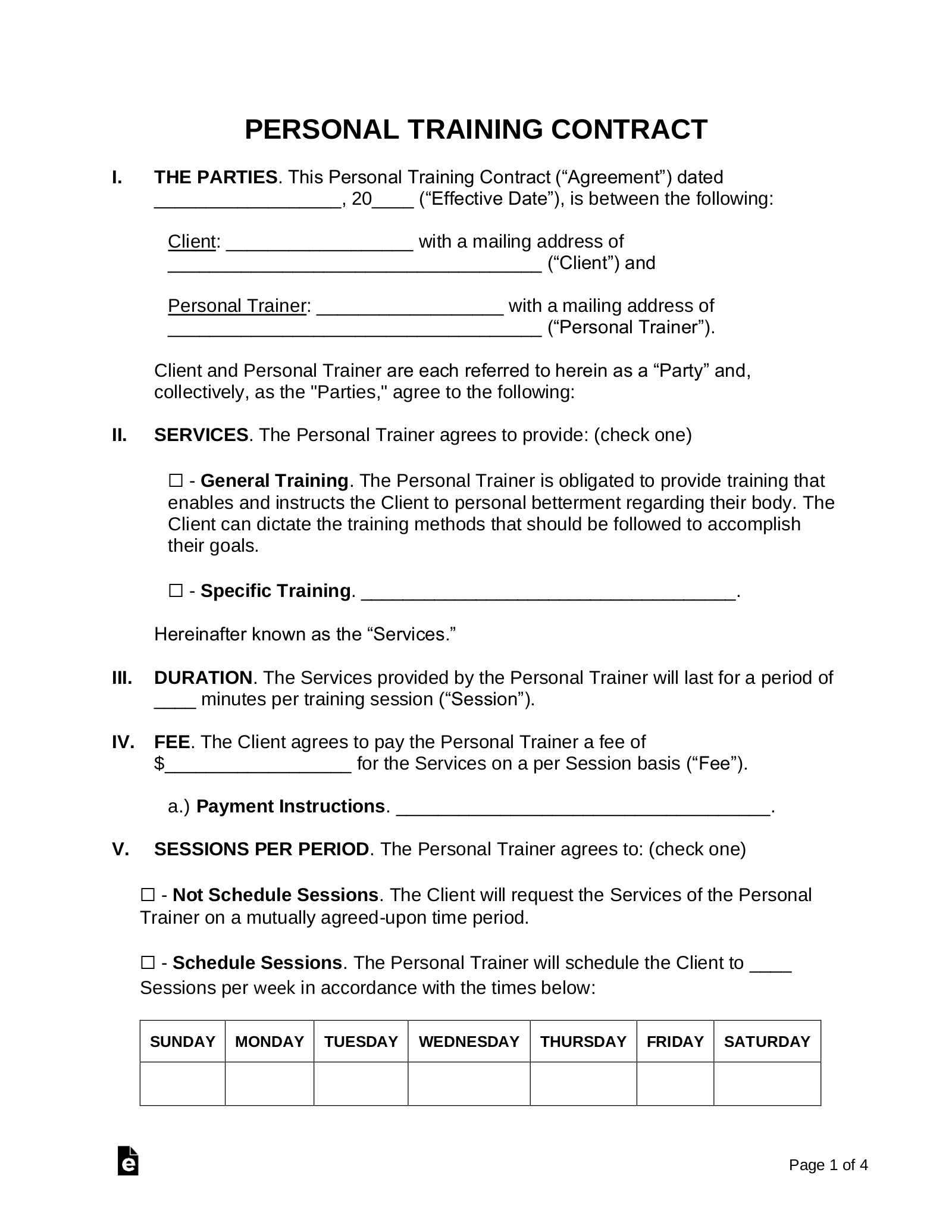 Personal Training Payment Agreement Template