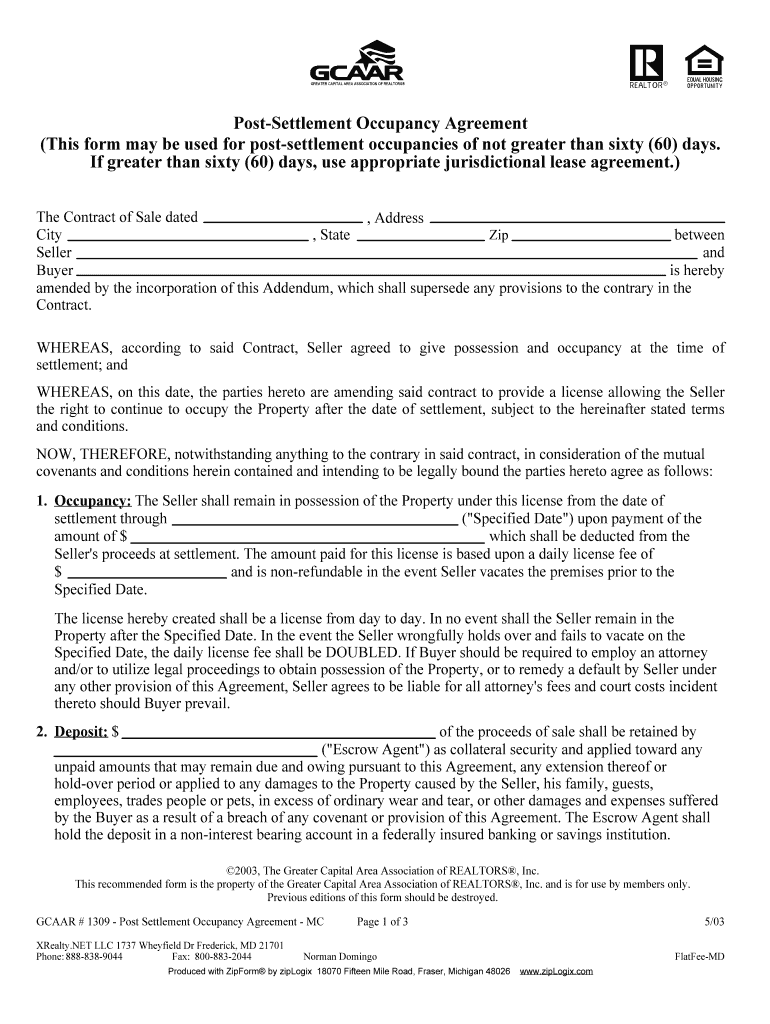 Post Closing Occupancy Agreement Template