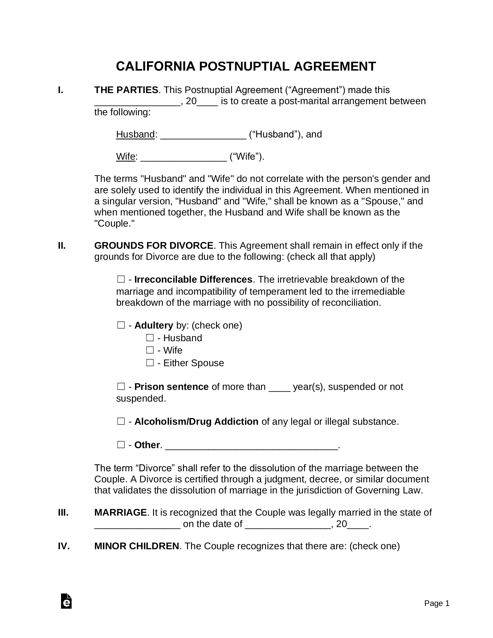 Post Nuptial Agreement Template California