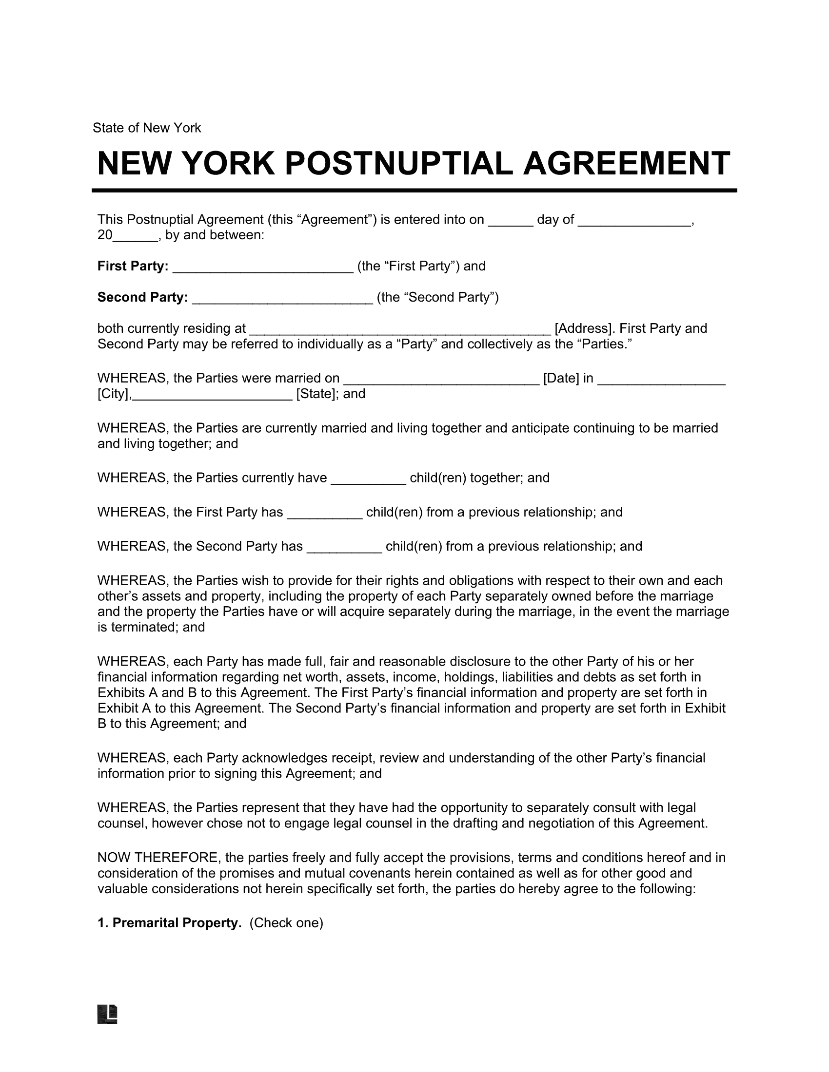 Post Nuptial Agreement Template New York
