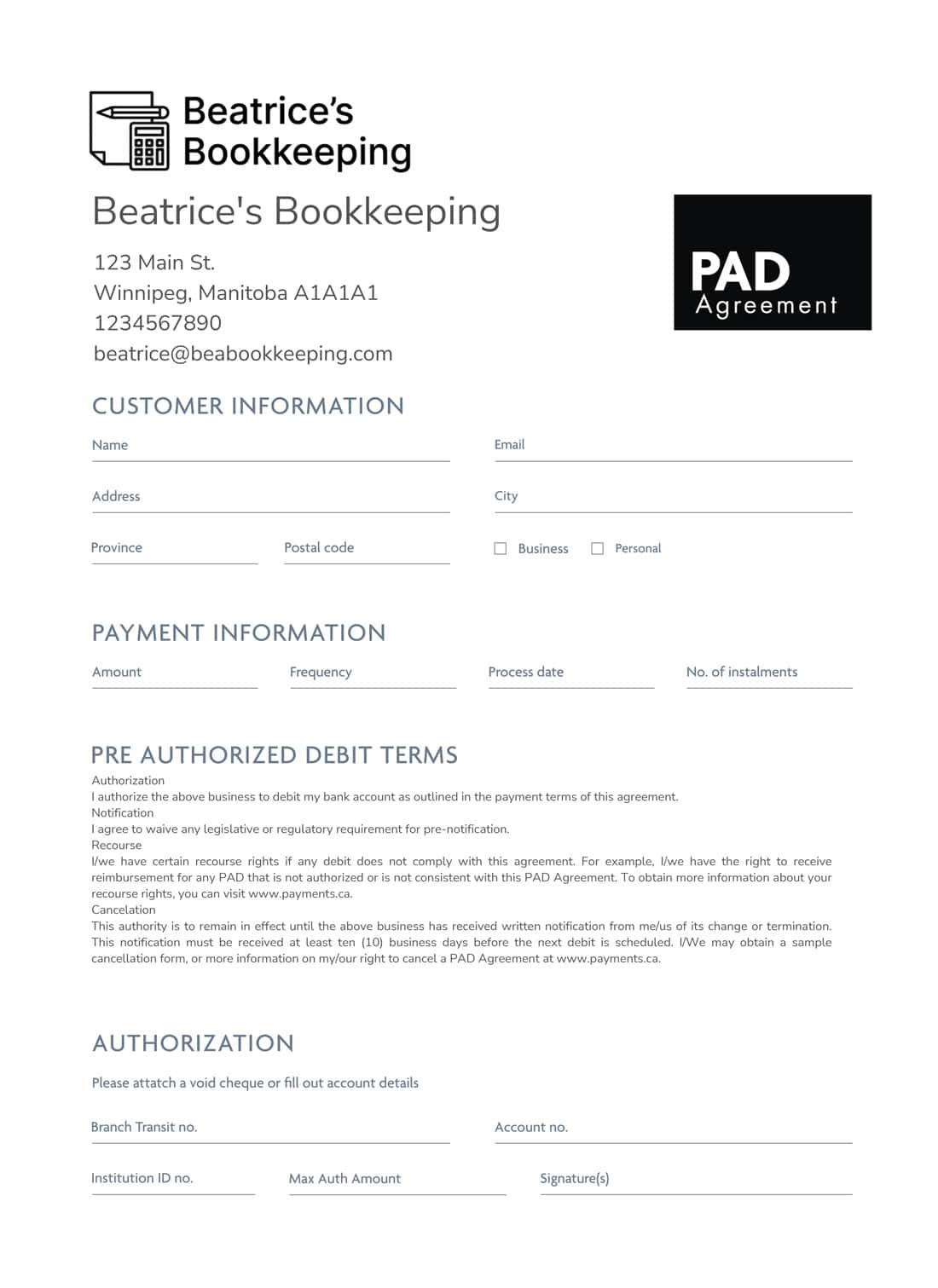 Pre Authorized Debit Agreement Template